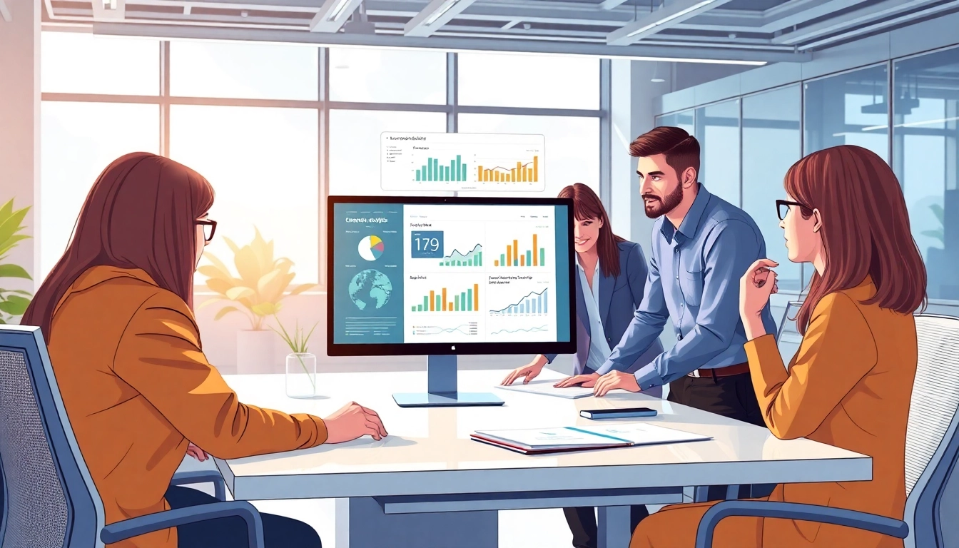 Showcase collaboration on enterprise search solutions with diverse professionals in a modern office.