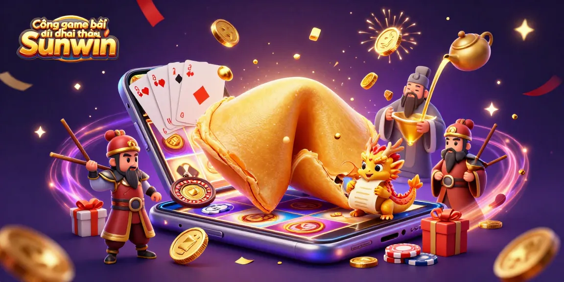 Cổng game bài đổi thưởng Sunwin offers vibrant gaming with golden coins erupting, slot games, and festive characters.