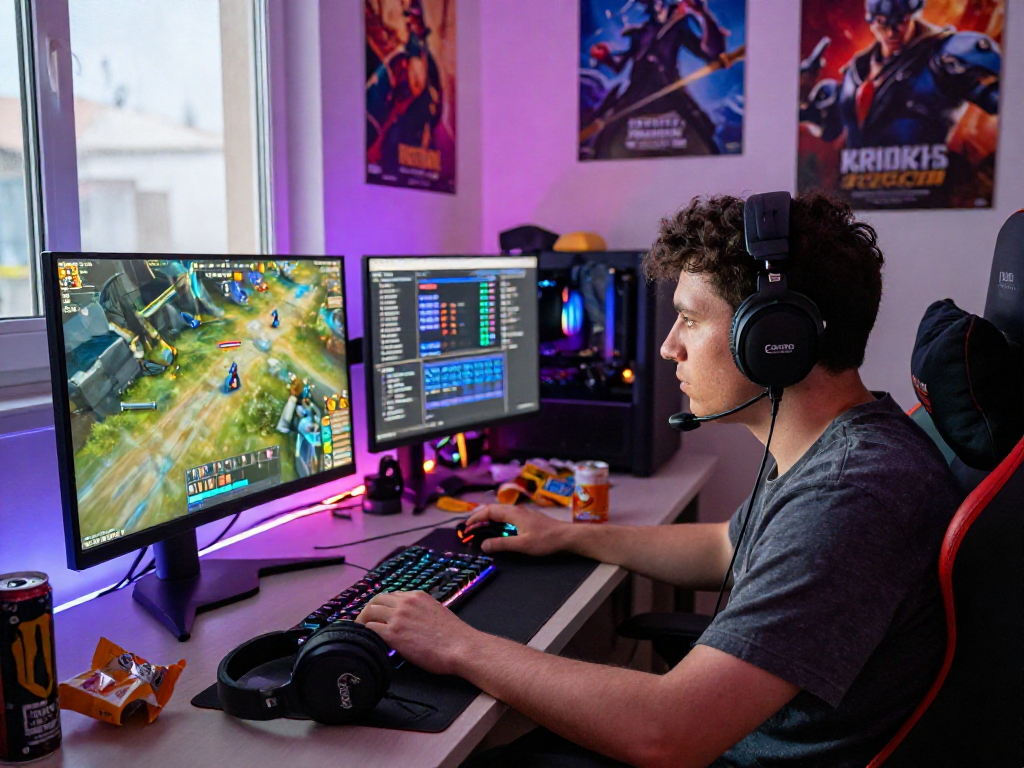 Gamer focused on rokok88 gameplay with immersive setup and vibrant colors