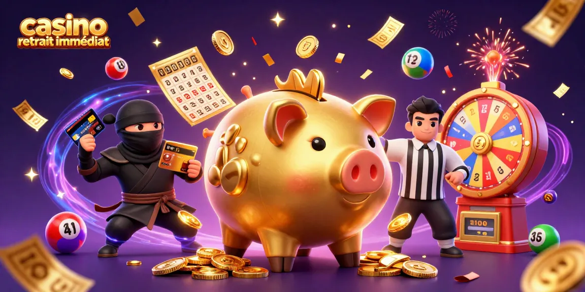 Casino retrait immédiat : Illustrer une scène dynamique de gains avec des personnages de jeu animés et des éléments de loterie.