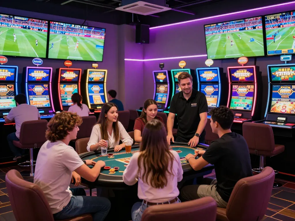 Exciting gaming scene at casino hubet88 with friends enjoying games and live sports.