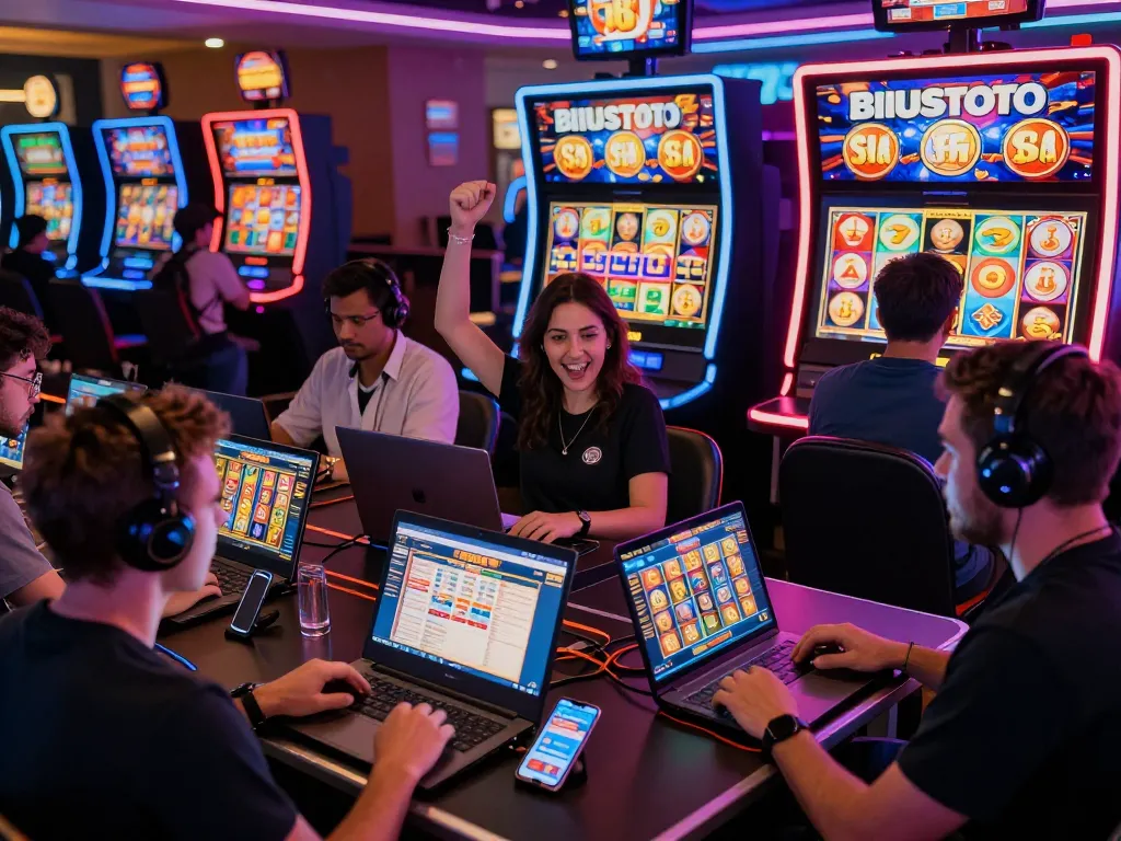 Engaged players enjoying the thrilling experience on BIUSTOTO's online slot88 platform, celebrating wins in a vibrant casino-like atmosphere.