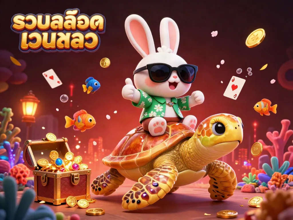 Spin the reels with luck as this adorable lucky rabbit and golden turtle embody รวมสล็อตเว็บตรง in a vibrant casino scene.