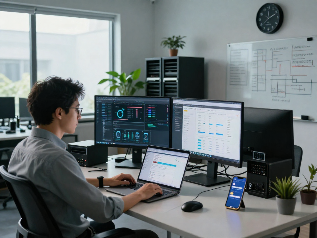 Escena de trabajo en hosting reseller mostrando a un profesional de TI gestionando servidores y estadísticas.