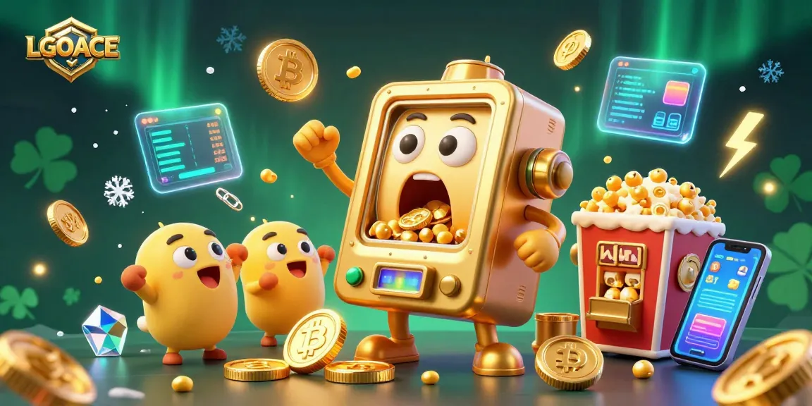 LGOACE slot machine celebrating a jackpot with enthusiastic baby machines and golden coin showers.
