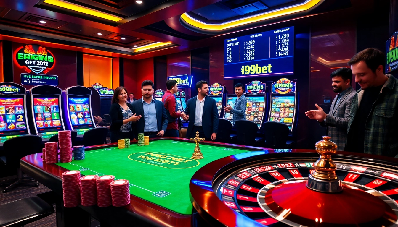 Experience the thrill of gaming at i9bet with a vibrant casino scene featuring poker and roulette tables.