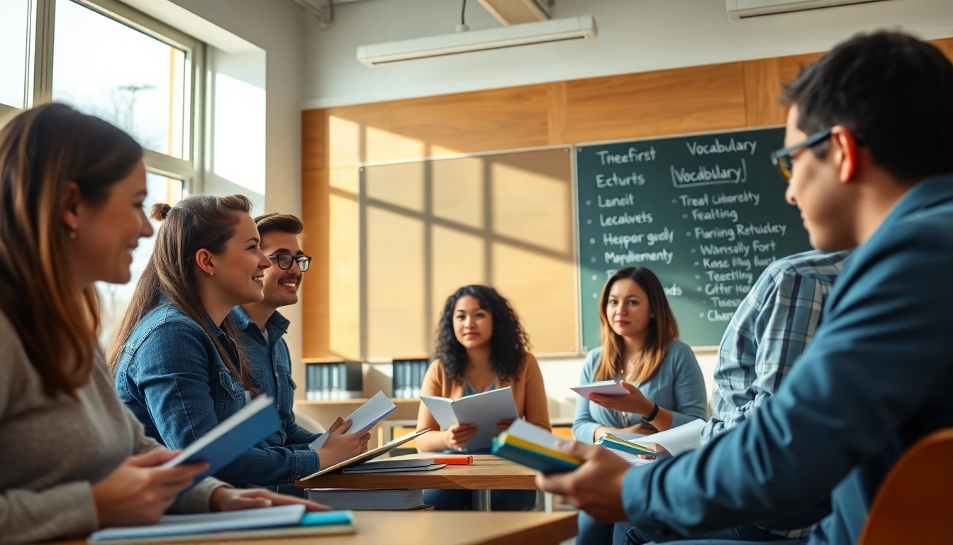Engaging scene with TOEFL expert help assisting students in a bright classroom setting.