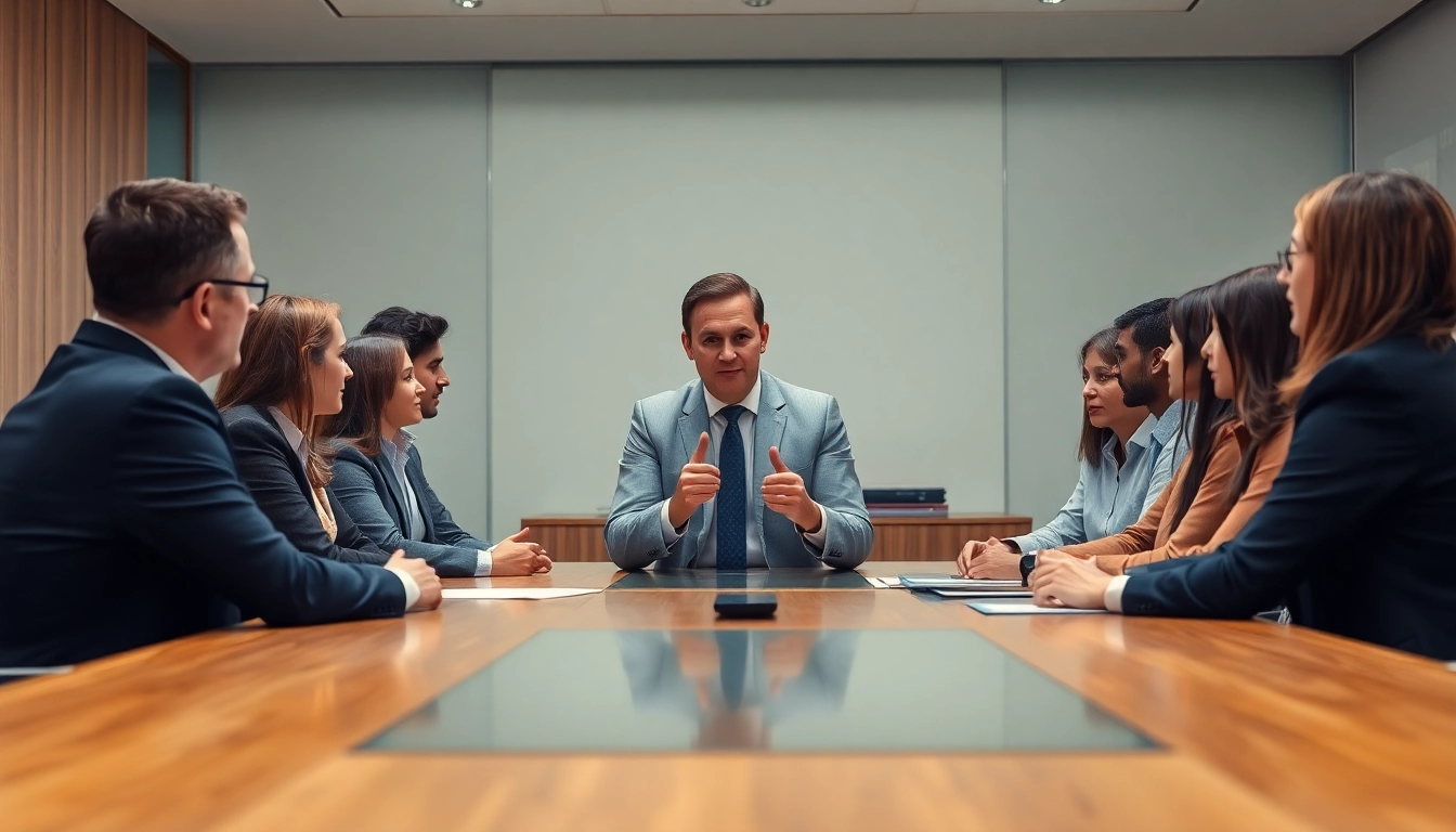 Crisis management consultant leading a strategic meeting with team members in a professional office setting.