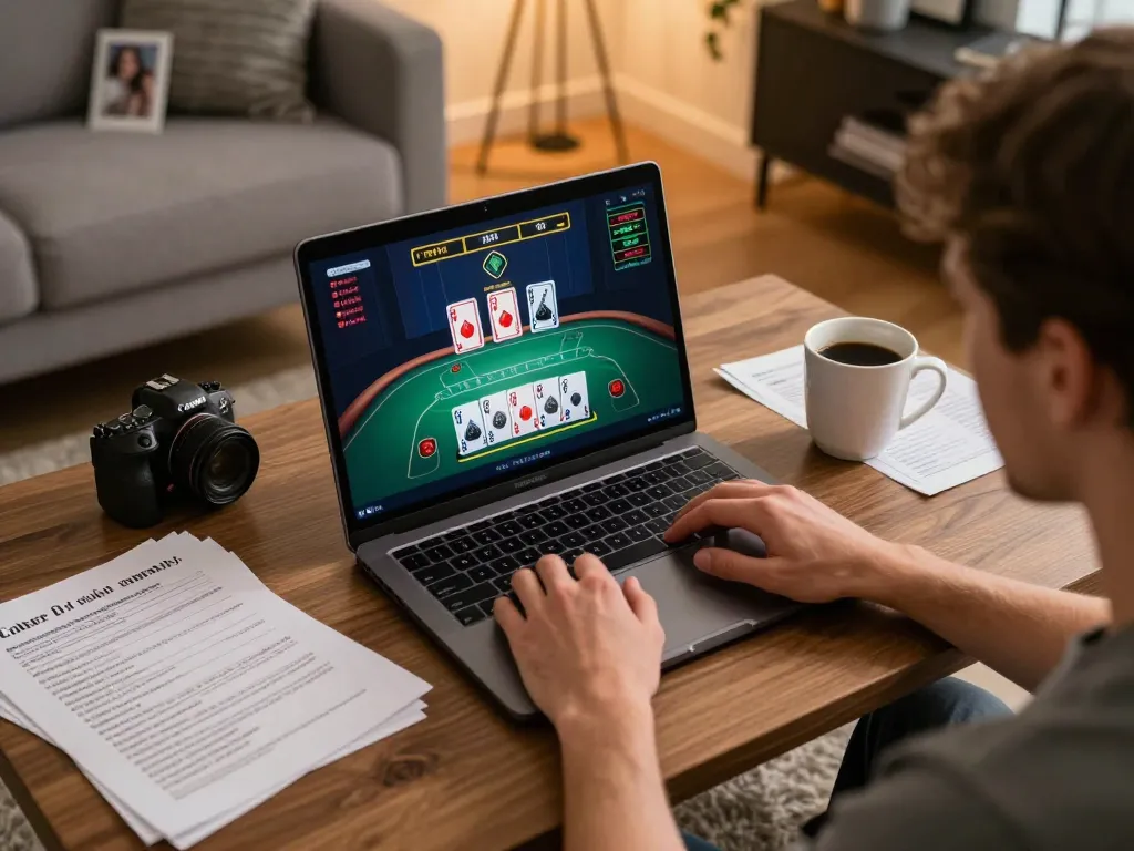 Player enjoying เว็บสล็อตตรง gameplay on a laptop during a cozy home session, showcasing strategic engagement.