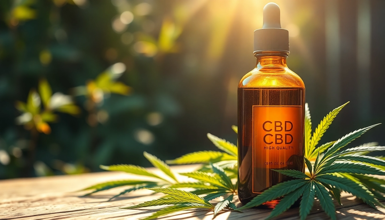 Oppdag cbd olje på en rustikk trebenk omgitt av friske hampblader.