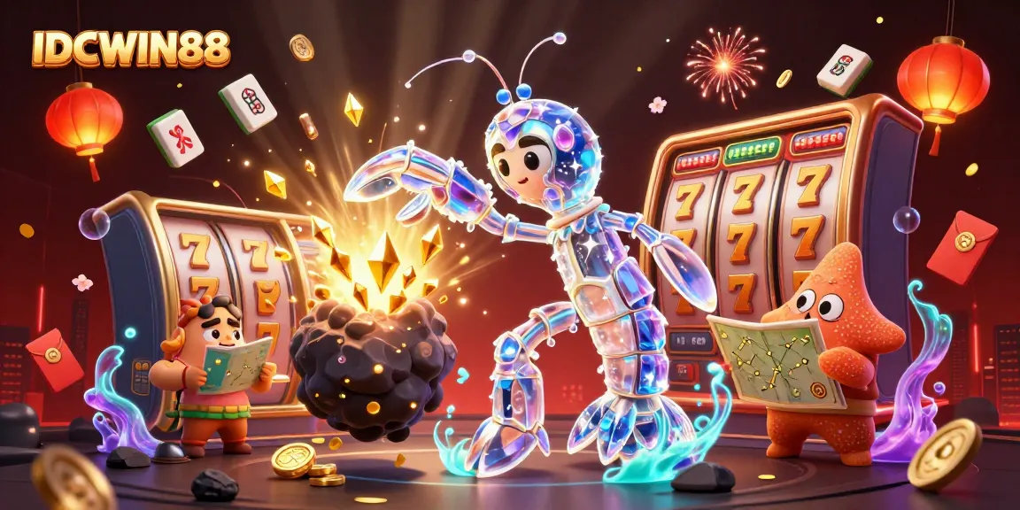 Experience thrilling gameplay at IDCWIN88 as the galactic mantis shrimp engages in action amidst slot games and lucky symbols.