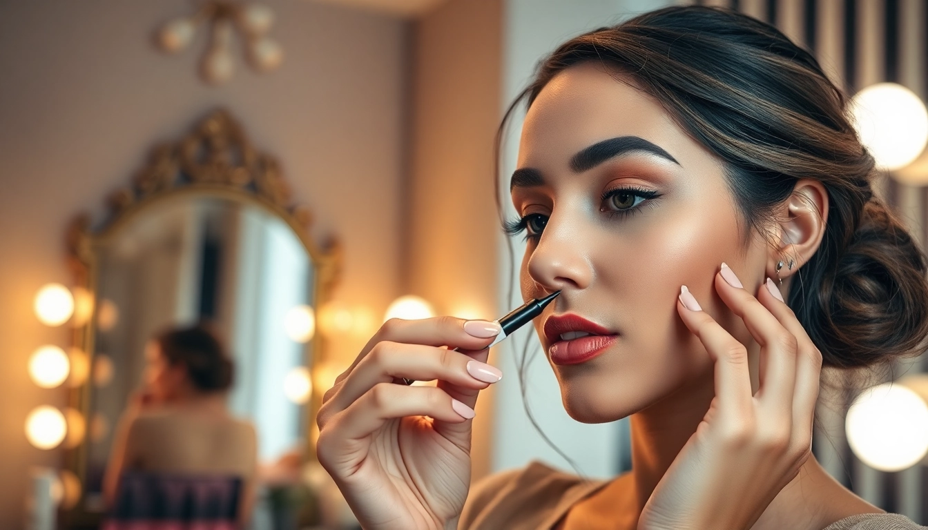 Applying eyebrow pen to create precise and defined eyebrows.