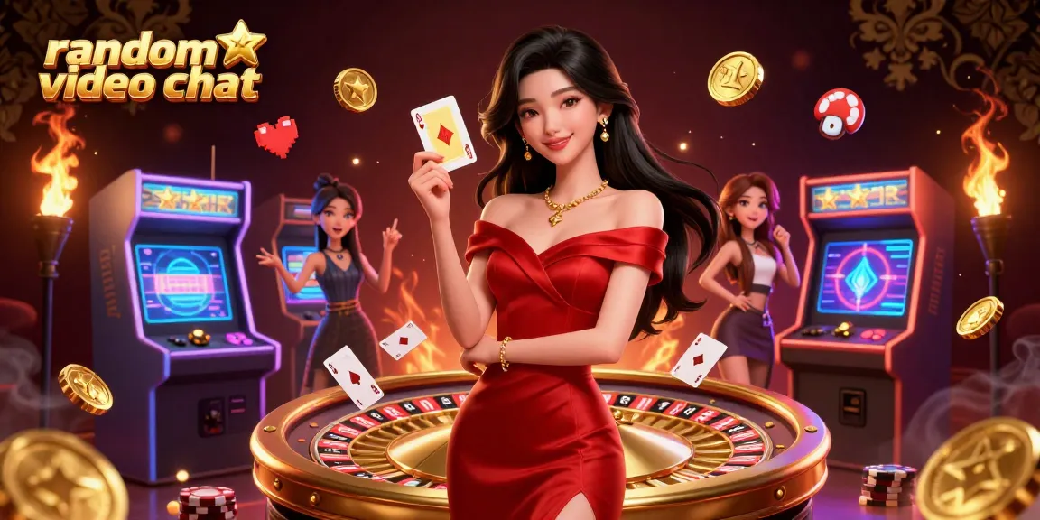 Engage in random video chat with beautiful women in a dynamic casino-themed environment featuring roulette and gaming elements.