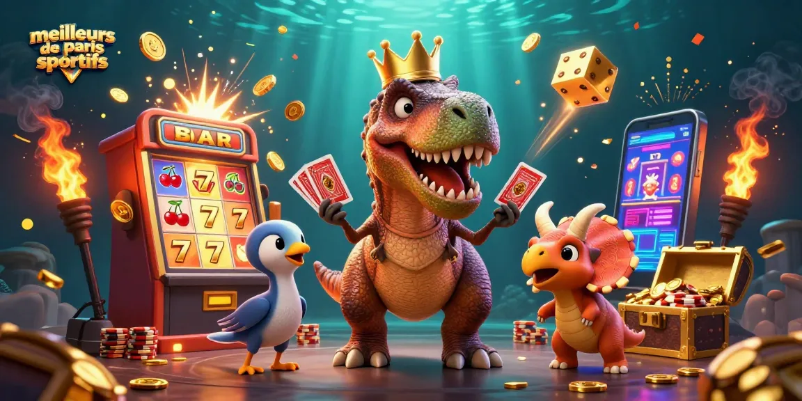 Les meilleurs sites de paris sportifs présentés par un T-Rex jouant aux cartes avec des pièces d'or autour.