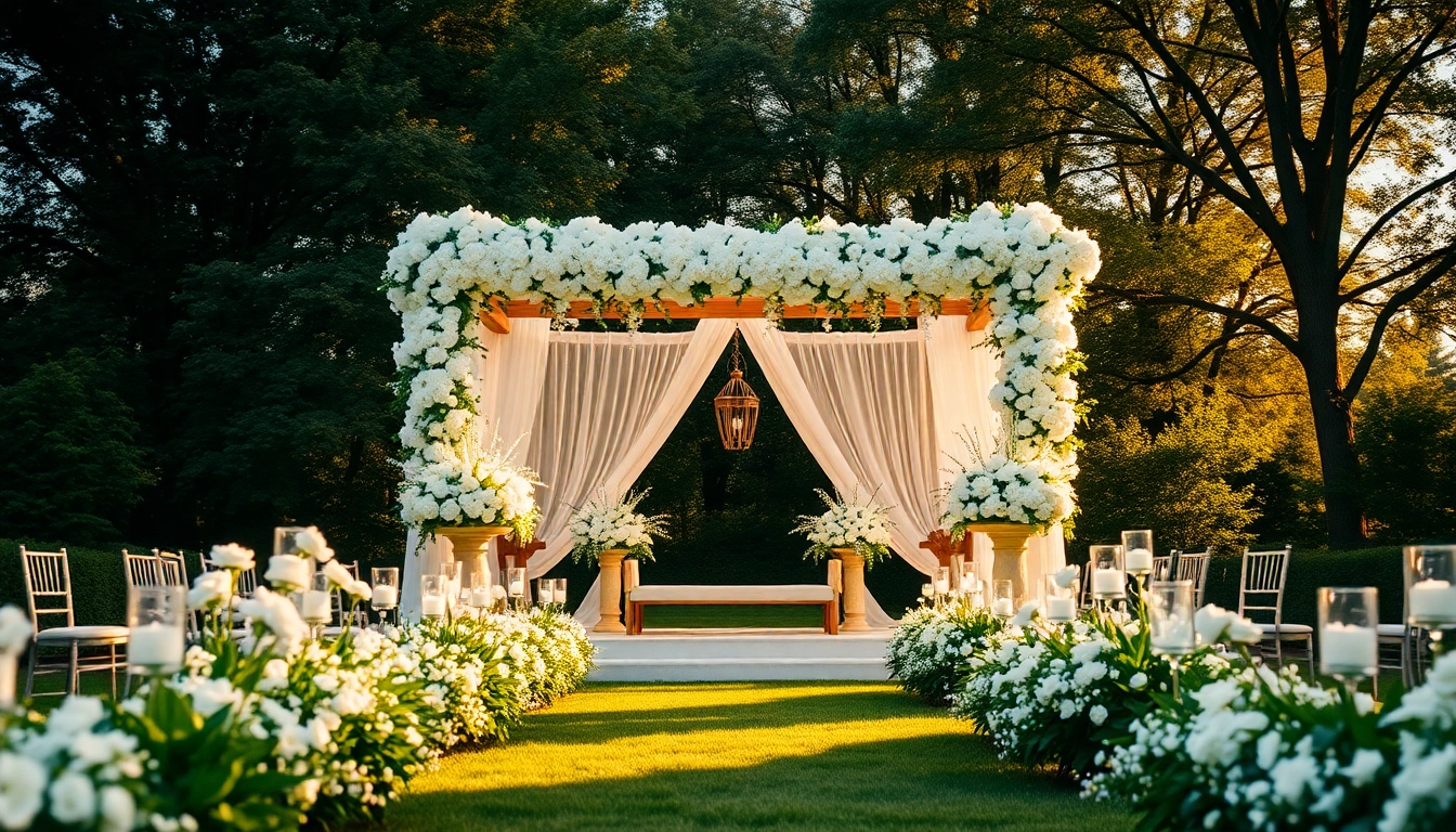 Verliebte in einer hochzeit location im Freien, romantische Atmosphäre mit Blumen