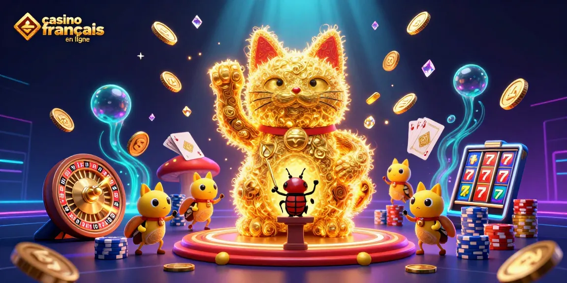 Admirez le chat porte-bonheur du casino en ligne français illuminé par des lucioles et entouré de richesses.