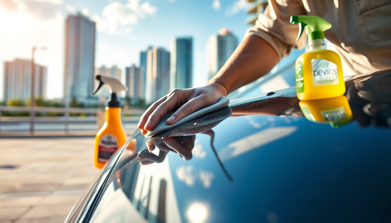 Experience Miami mobile detailing with expert technicians thoroughly cleaning a luxury car in a vibrant urban setting.