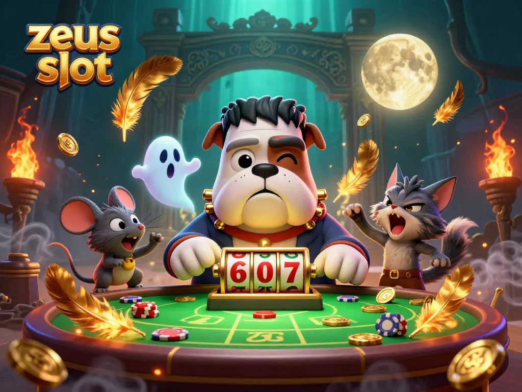 Spin the zeus slot reels with a whimsical bulldog and mystical characters in a vibrant casino setting.