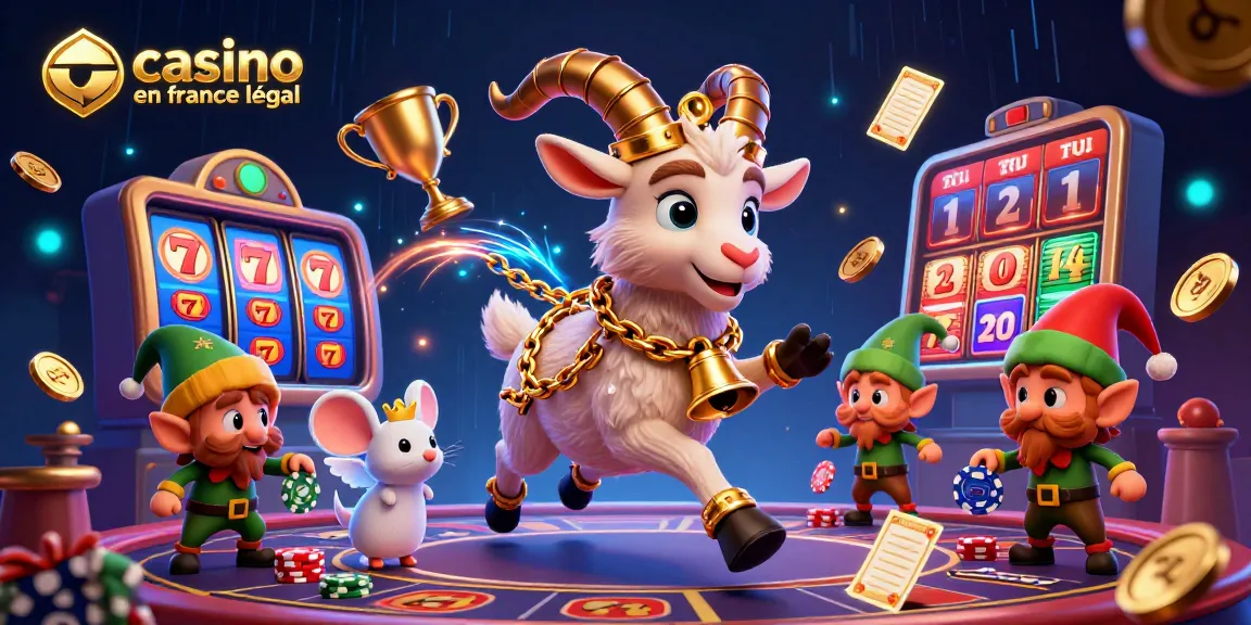 Illustration animée d'un casino en ligne en France légal, avec un Krampus et un ange souris parmi des éléments de jeu dynamiques.