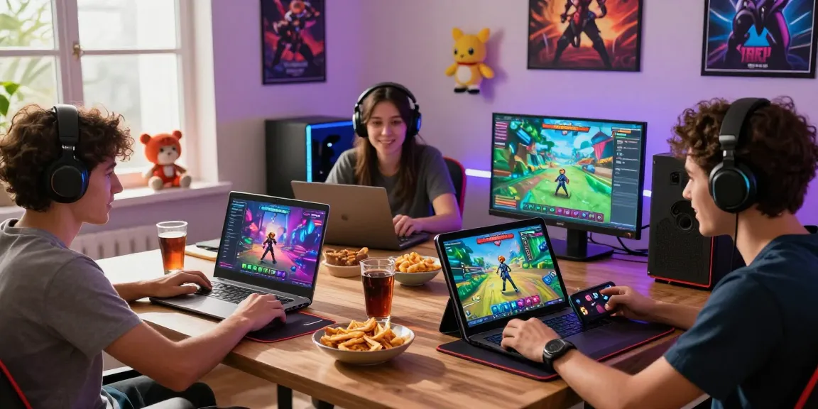 Players immersed in exciting html porn games on multiple devices in a vibrant gaming room.