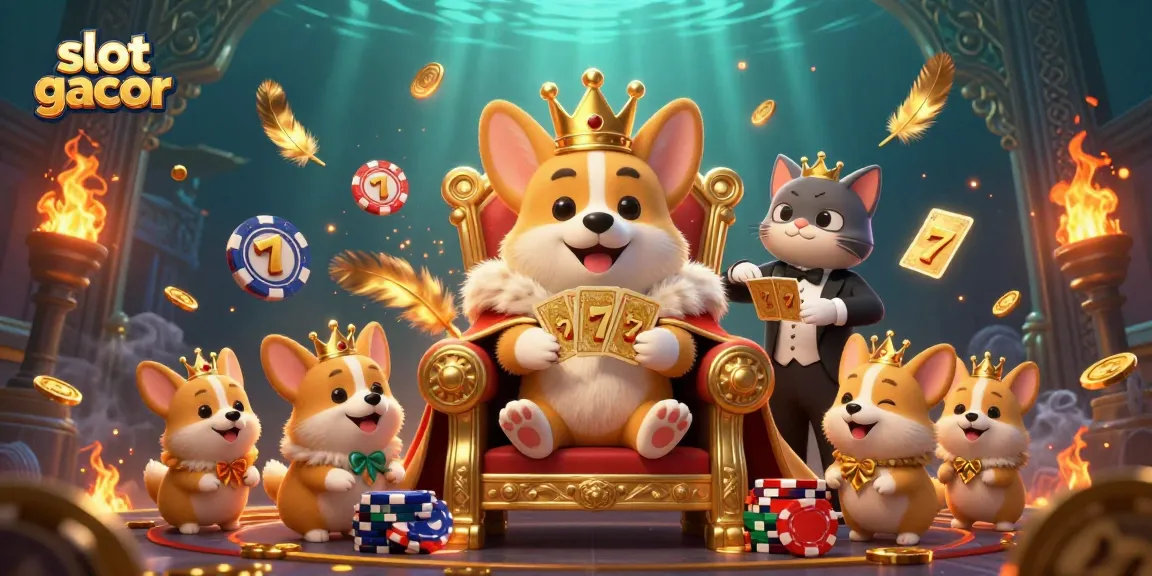Spin the reels of slot gacor with a royal corgi on its throne amidst coins and vibrant casino elements