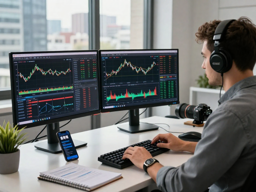 Trader engaging with MetaTrader 5 platform on multiple screens, showcasing real-time Forex analysis in a modern workspace.