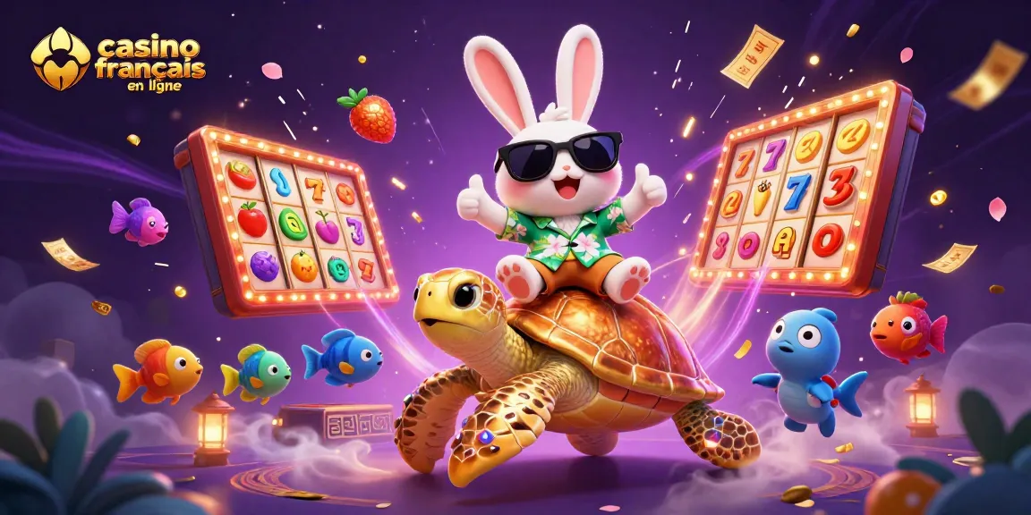 Illustration dynamique du casino français en ligne avec un lapin chanceux et une tortue dorée.