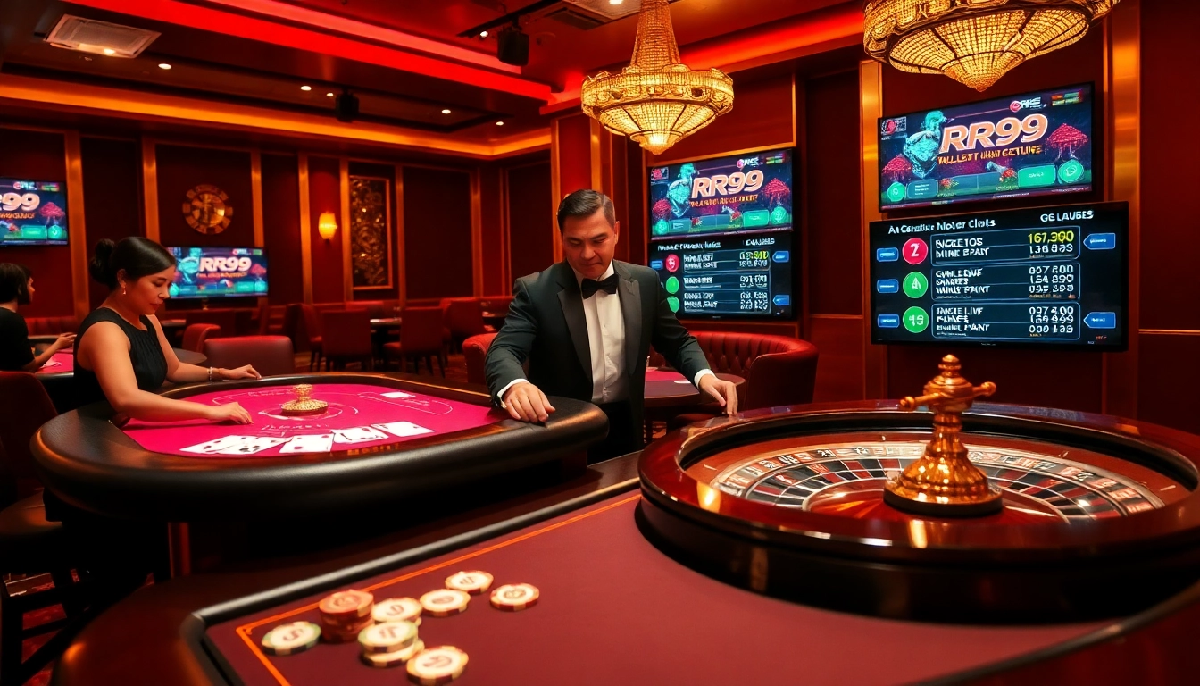 Experience the excitement of RR99 with professional poker players at a luxurious casino table.