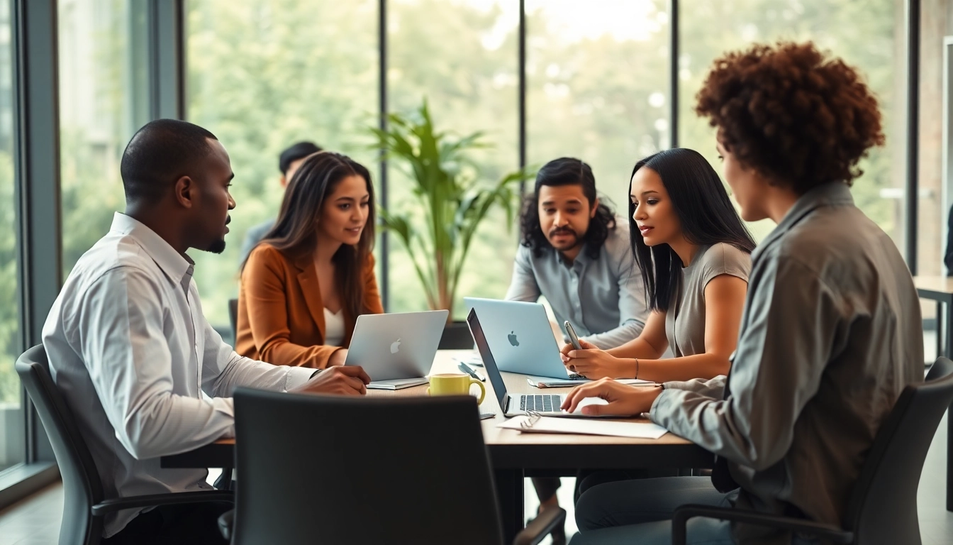 Showcasing a vibrant workforce development collaboration among a diverse team in a bright office.
