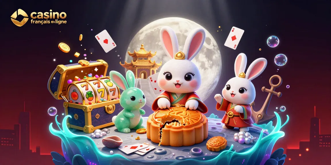 Une illustration dynamique de casino français en ligne avec un lapin de lune et des éléments de jeu colorés.