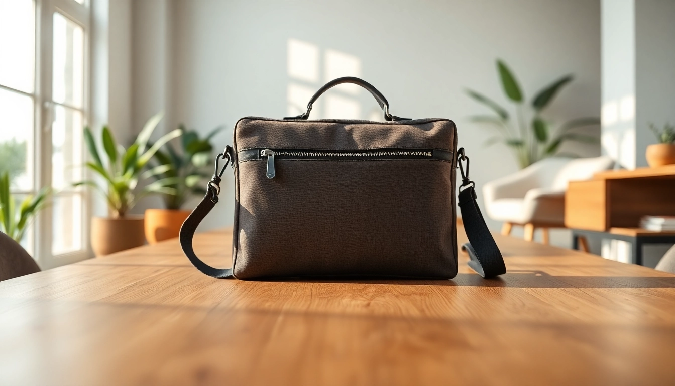 Abschließbare Handytasche auf einem eleganten Tisch aus Holz.