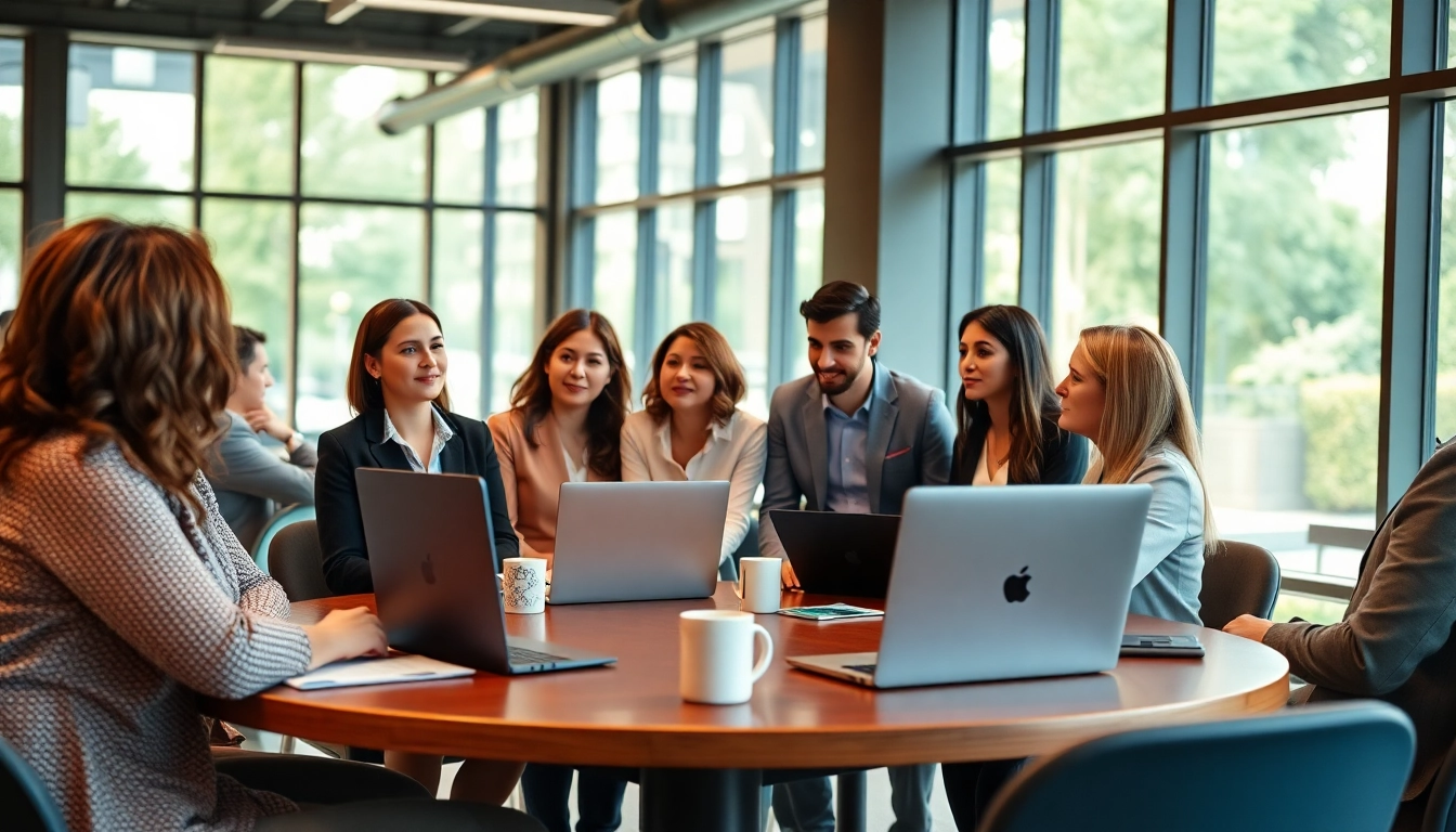Engaged professionals in club management collaborating strategically in a modern office.
