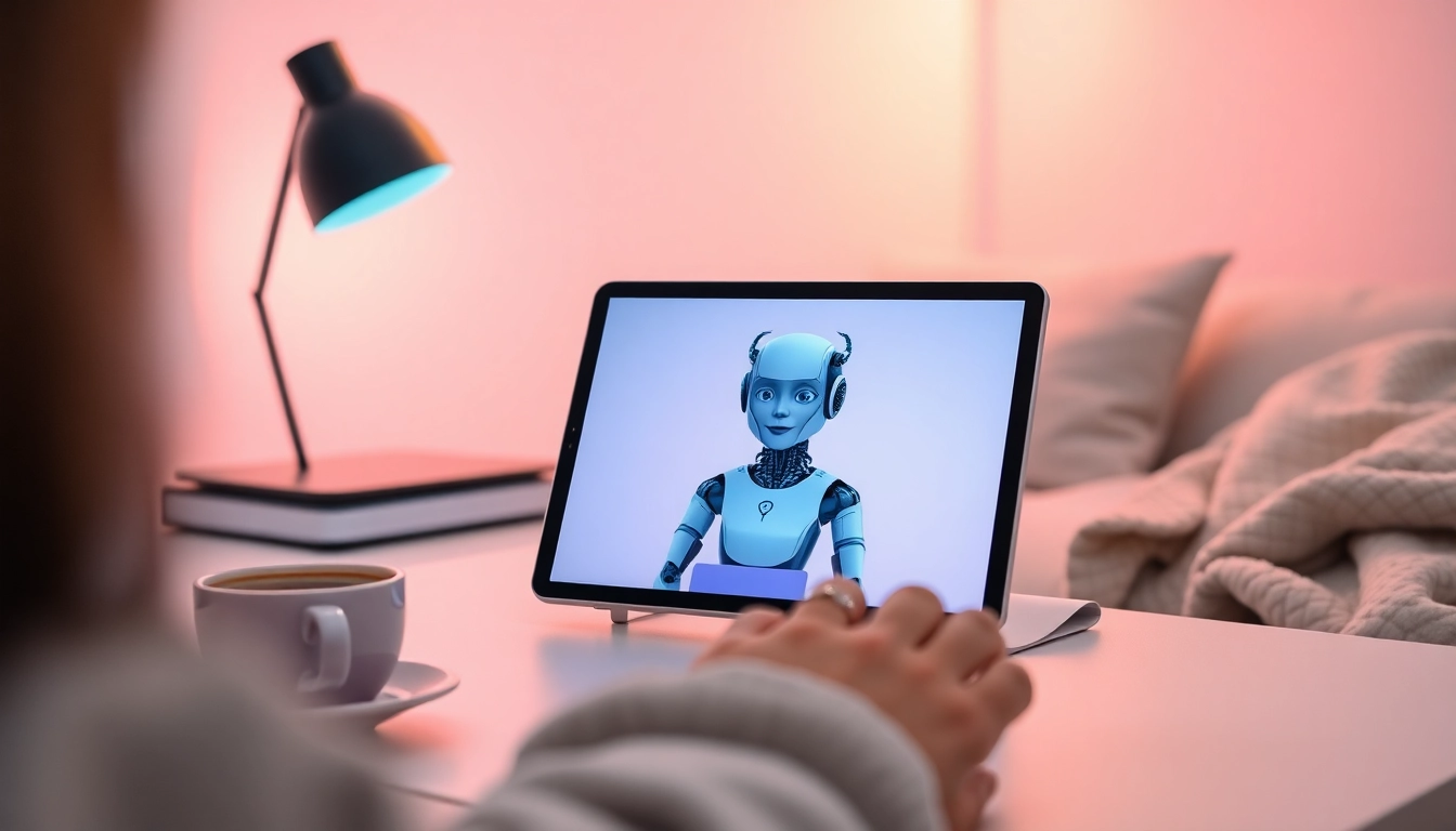 Engaging ai sex chat on a tablet in a cozy, intimate setting