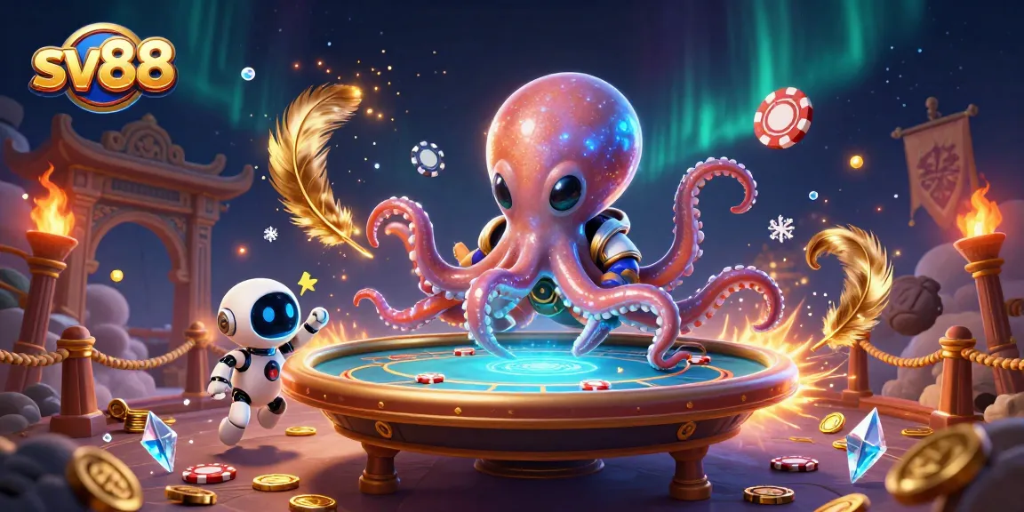 sv88 engages players at a holographic poker table with vibrant casino-themed visuals.