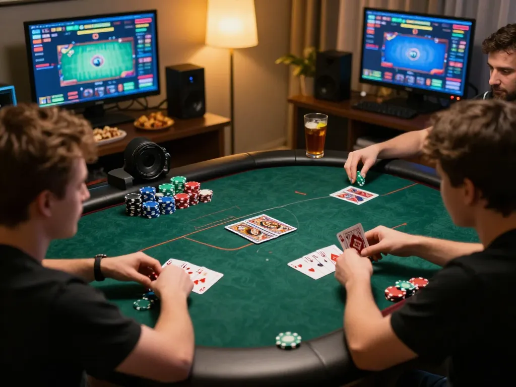rr88c players engaging in an exciting online poker game in a cozy home setup