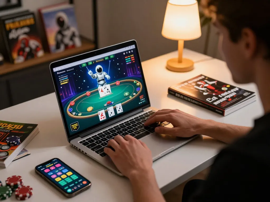 Engaging poker gameplay screen featuring spaceman theme in a stylish online gaming setup