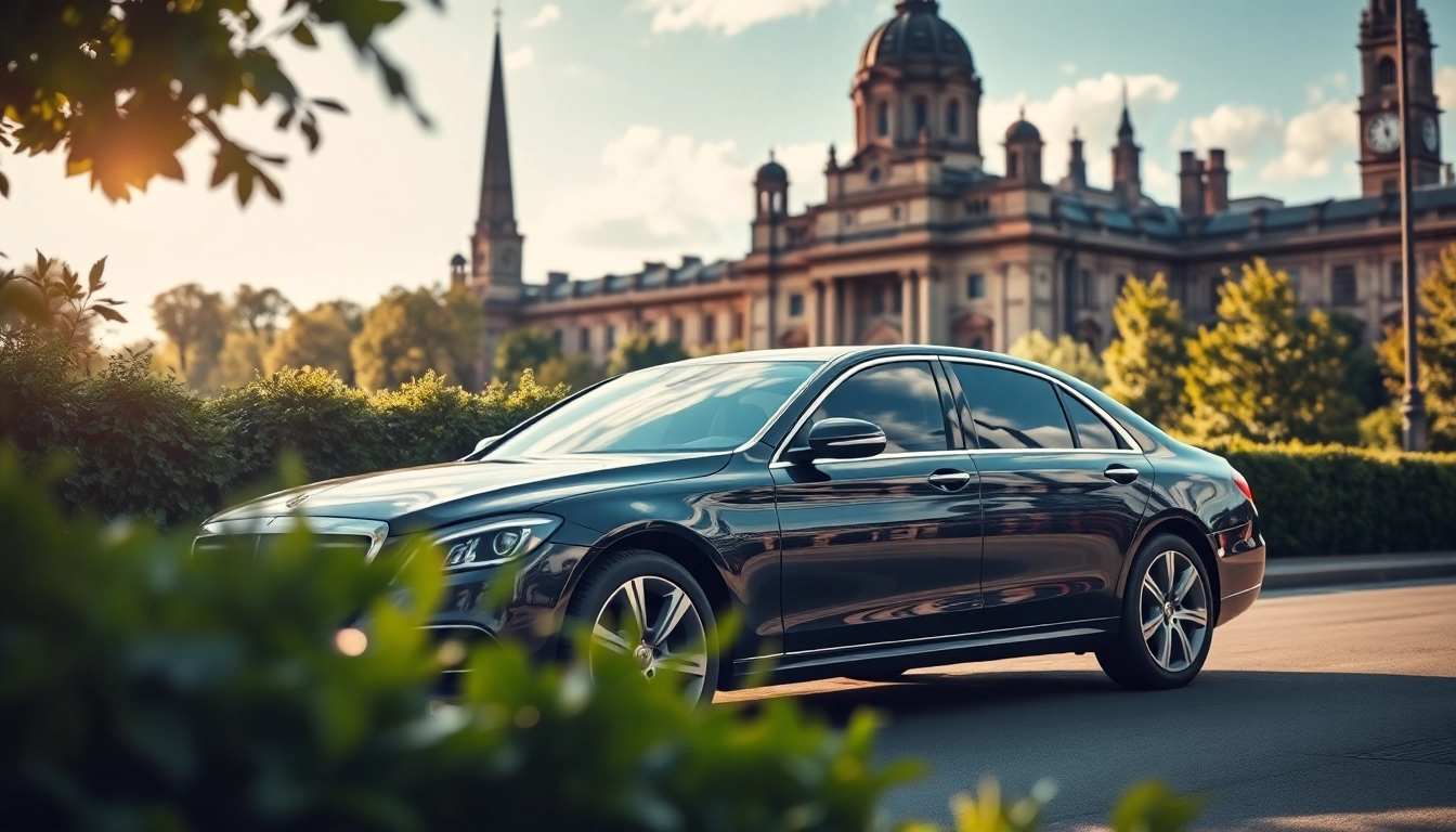 Engaging Chauffeur Hire Nottingham service featuring a polished luxury car beside a historic landmark.