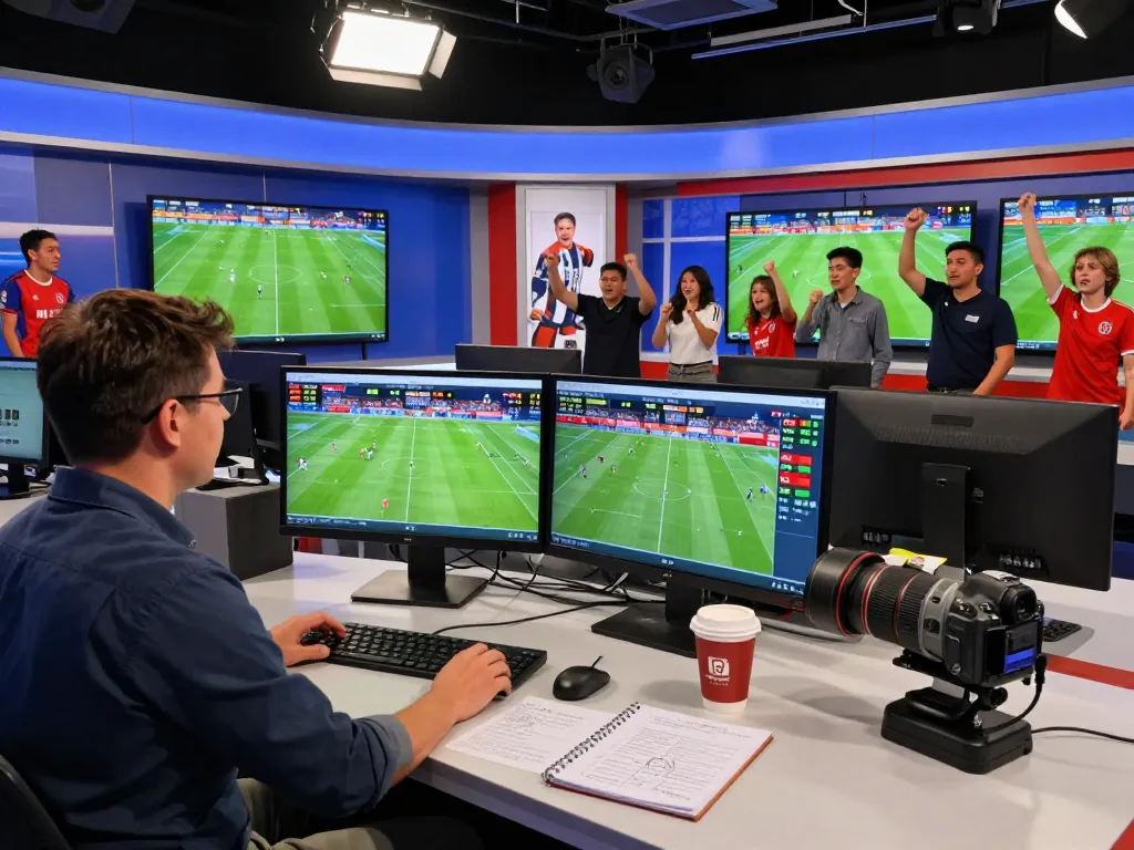Real-time kết quả bóng đá updates in a vibrant sports analytics studio, featuring live scores and enthusiastic fans.