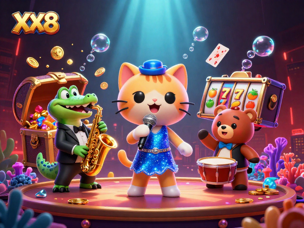 Engage with the vibrant XX8 casino experience featuring a jazz-singer cat and exciting gaming elements.