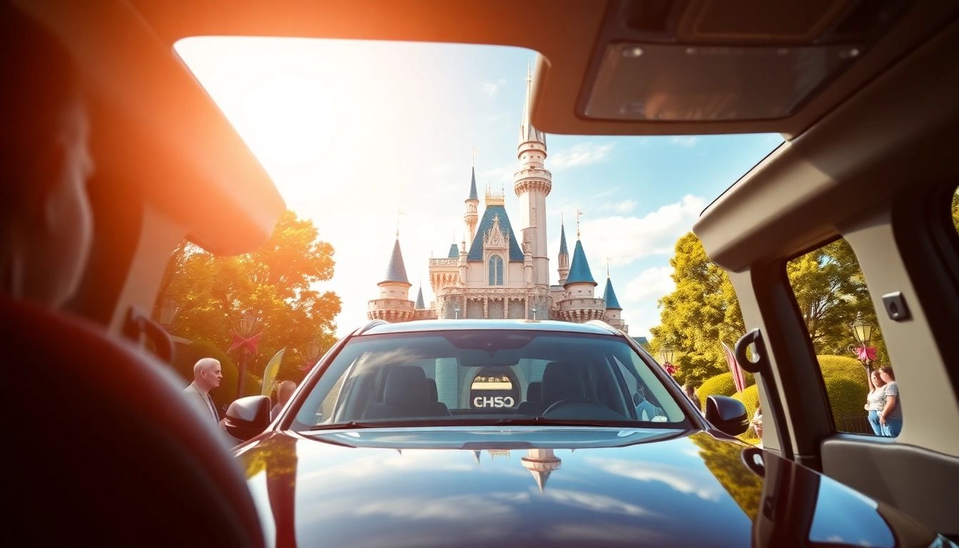 Engaging Disneyland Paris airport transfer services showcasing a stylish vehicle against a magical backdrop.