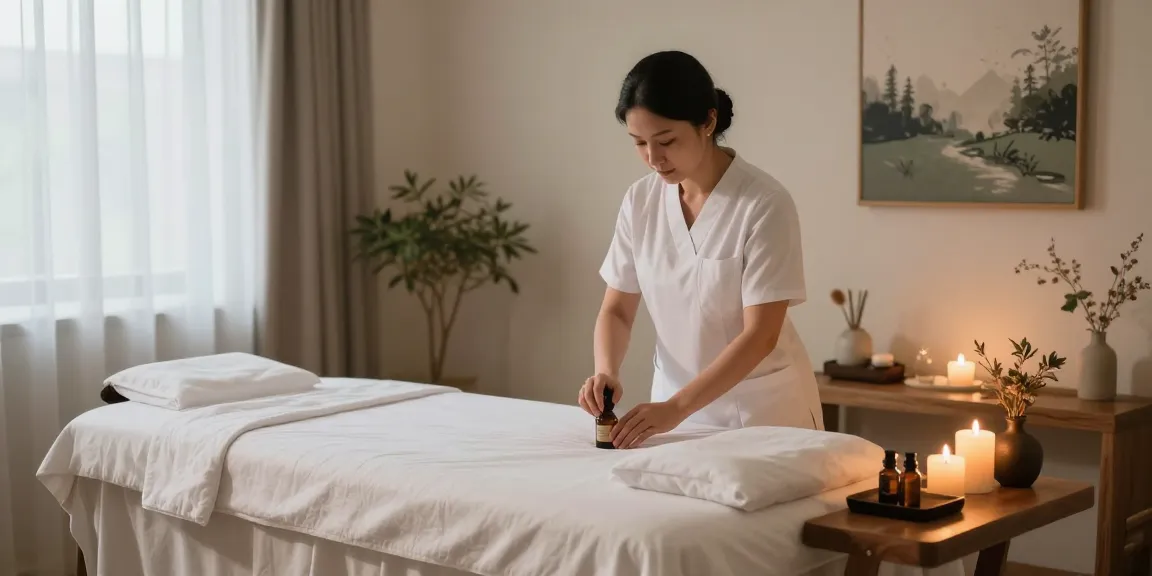 Relaxing massage therapy scene at makangs.com spa with essential oils and calming ambiance
