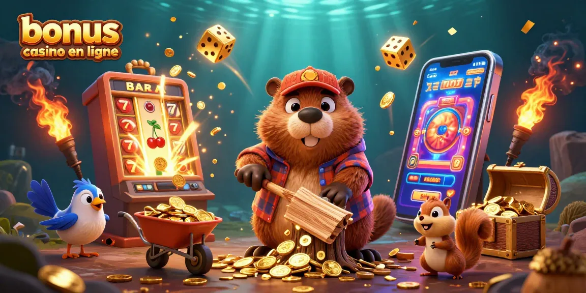 Bonus casino en ligne avec une illustration de jeu dynamique remplie de pièces d'or et de personnages amusants.