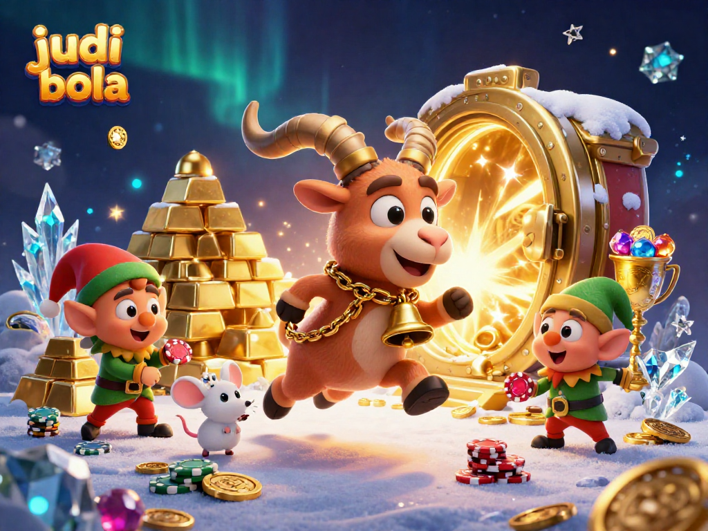 Experience the thrill of judi bola in a vibrant, chaotic casino illustration featuring Krampus and merry characters.