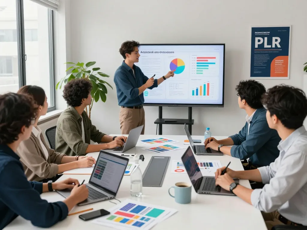 Collaborative entrepreneurs focusing on how to purchase PLR content in a modern workspace.