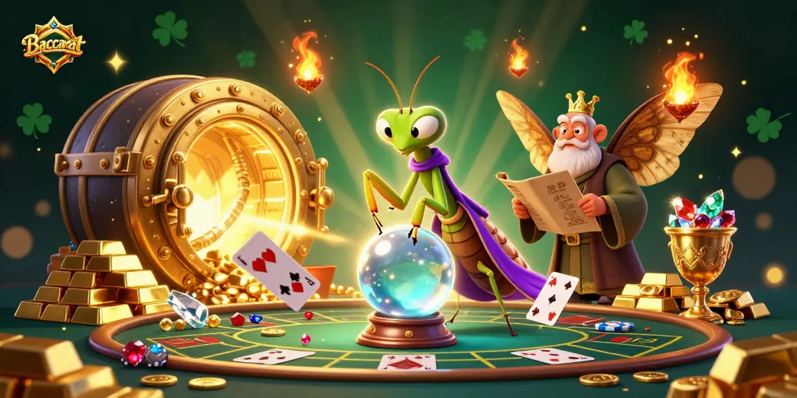 Baccarat gameplay scene with a fortune teller and moth librarian amidst dynamic casino elements.
