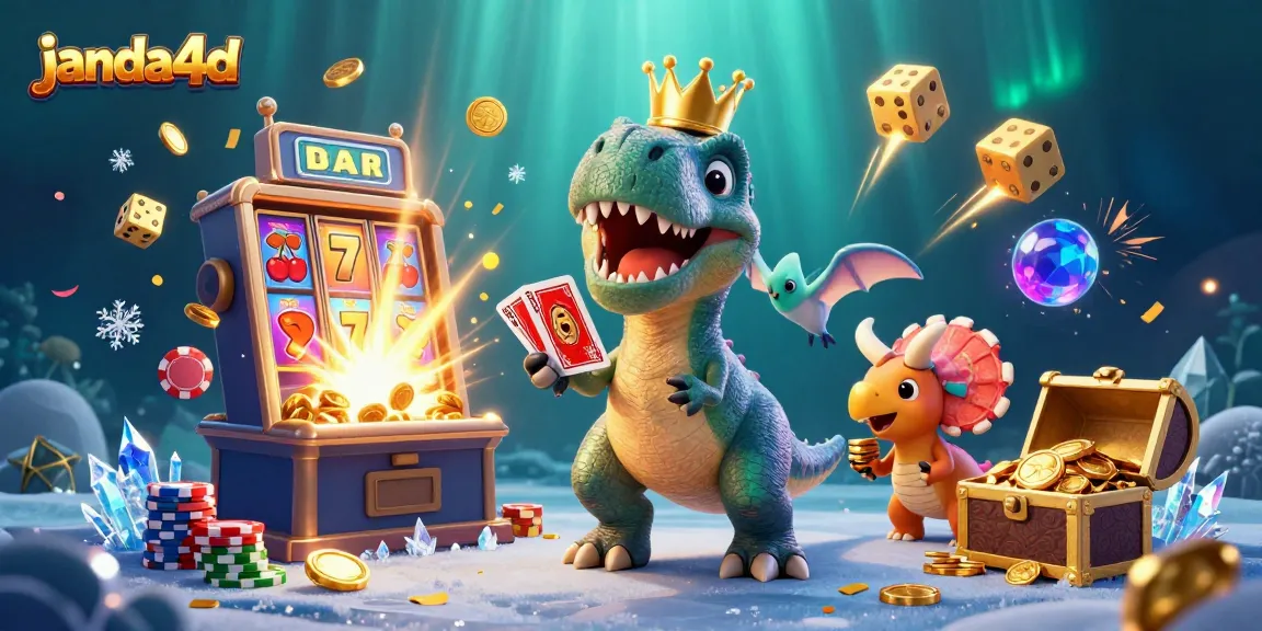 Janda4D menghadirkan ilustrasi kartun 3D menarik dengan T-Rex, pterodactyl, dan triceratops dalam suasana kasino yang semarak.