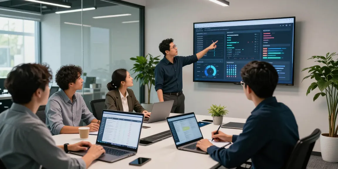 Content moderation team using an ai detector to analyze data in a modern office setting.