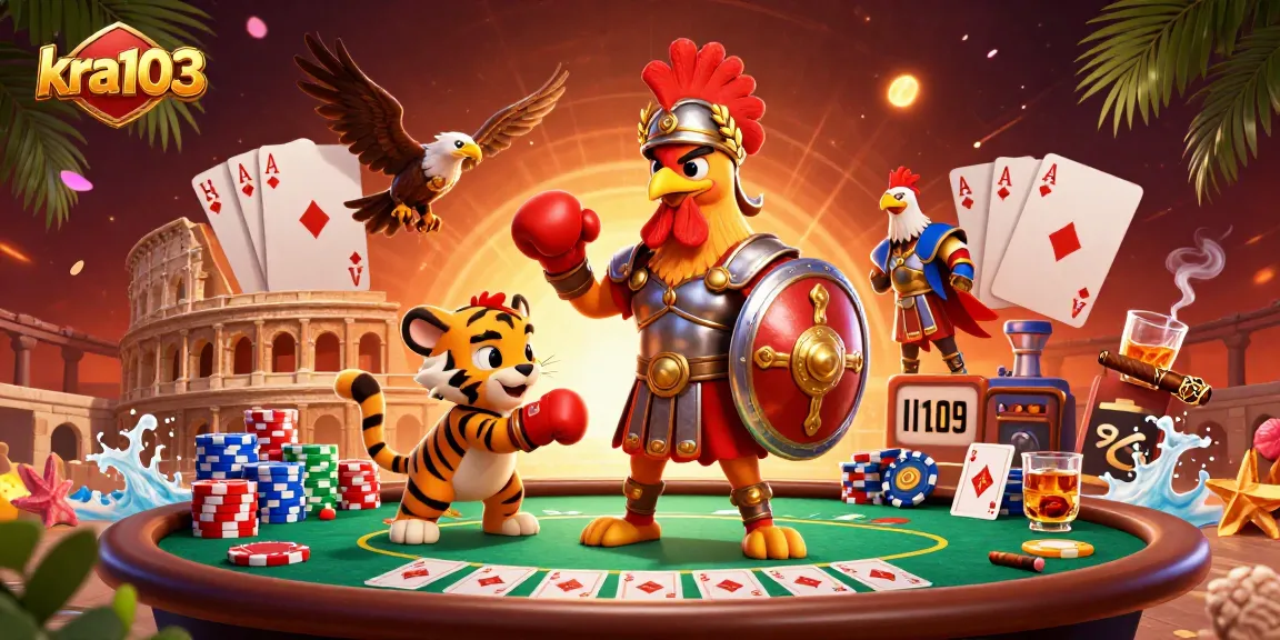 Engage in thrilling poker action with kra103, featuring a gladiator rooster and vibrant casino elements.
