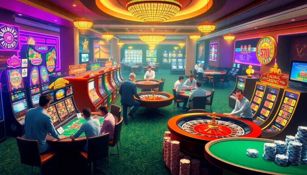 Engaging casino atmosphere showcasing KJC AC 2 with lively tables, slot machines, and poker chips.