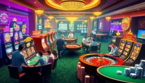 Engaging casino atmosphere showcasing KJC AC 2 with lively tables, slot machines, and poker chips.